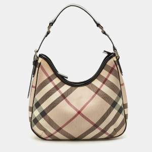 Pre Owned Burberry Beige/Black Nova Check PVC and Patent Leather Small Barton Hobo