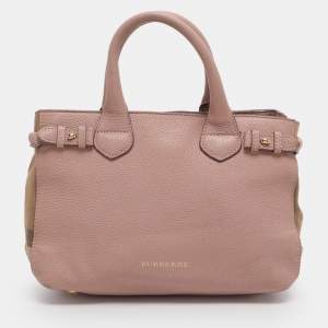 Pre Owned Burberry Banner Small Pink/Beige Leather and House Check Canvas Tote
