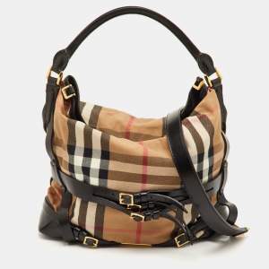 مملوكة مسبقًا Burberry Bridle Gosford Beige/Black House Check Canvas and Leather Hobo