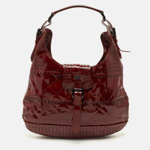 Pre Owned Burberry Brooke Red Quilted Studded Patent Leather Hobo