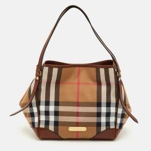Pre Owned Burberry Canterbury Small Beige/Brown House Check Canvas and Leather Tote