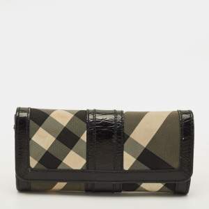 Pre Owned Burberry Black Smoke Check Nylon and Patent Leather Flap Continental Wallet