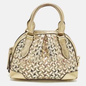 Pre Owned Burberry Thornley Small Gold Woven Haymarket Check PVC and Leather Satchel