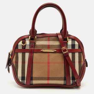 Pre Owned Burberry Orchard Burgundy/Beige House Check Fabric and Leather Bowler Bag