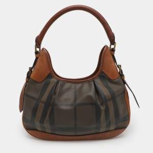 Pre Owned Burberry Brooklyn Brown House Check PVC and Leather Hobo