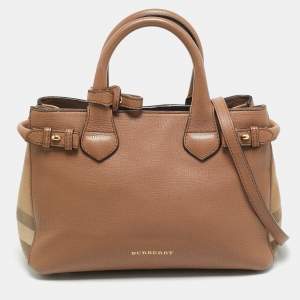 Pre Owned Burberry Banner Small Brown/Beige House Check Fabric and Leather Tote