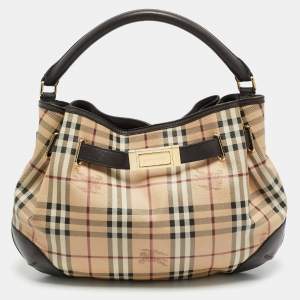 Pre Owned Burberry Willenmore Medium Brown/Beige Haymarket Check PVC and Leather Hobo