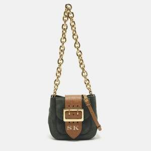 Pre Owned حقيبة بريري جلد وجلد سويدي بني/أخضر مع مشبك كتف 