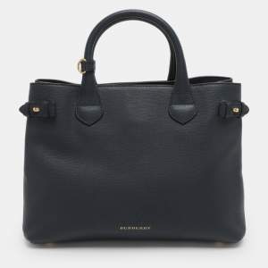 مملوكة مسبقًا Burberry Banner Medium Navy Blue/Beige Leather and House Check Canvas Tote