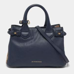 Pre Owned Burberry Banner Small Navy Blue/Beige House Check Fabric and Leather Tote