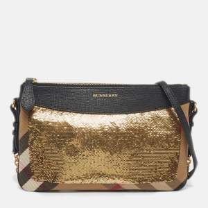 مملوكة مسبقًا Burberry Peyton Black/Beige Haymarket Check Canvas and Leather Crossbody Bag