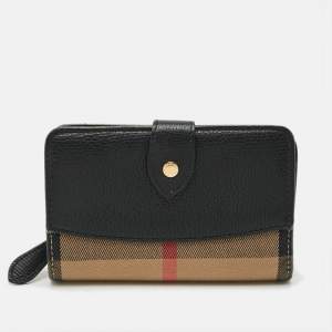 Pre Owned Burberry Finsbury Black/Beige House Check Canvas and Leather French Wallet