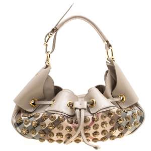 Pre Owned Burberry Beige Super Nova Check PVC and Leather Mini Warrior Studded Hobo
