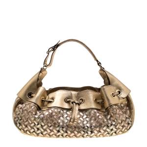 Pre Owned Burberry Gold Metallic Super Nova Check PVC and Leather Mini Warrior Hobo