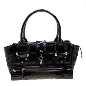 Pre Owned حقيبة بربري مانور جلد لامع مبطن أسود