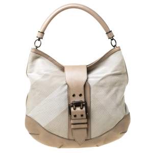 Pre Owned Burberry Grey Supernova Canvas and Leather Buckle Belted Hobo 