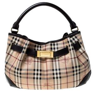 Pre Owned Burberry Haymarket Check Beige Canvas and Leather Medium Willenmore Hobo
