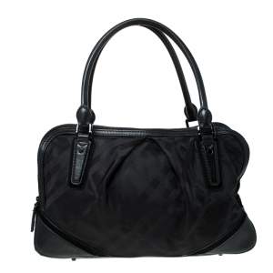 Pre Owned Burberry Black Nova Check Nylon and Leather Double Zip Satchel