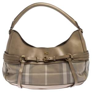 Pre Owned Burberry Beige House Check Leather and Canvas Belted Hobo