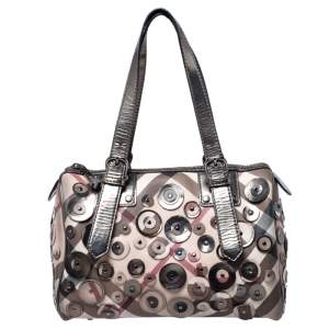 Pre Owned حقيبة بربري مزينة حليات جلد لامع ميتاليك و كانفاس مقوى مطبوع نقشة مربعات نوفا بيج