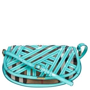 Pre Owned Burberry Turquoise/Beige Patent Leather and House Check Canvas Lilford Shoulder Bag