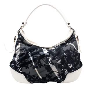 Burberry Black/White Beat Check Nylon and Patent Leather Hernville Hobo