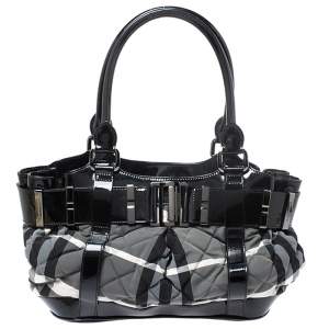 مملوكة مسبقًا Burberry Black/Grey Beat Check Nylon and Patent Leather Small Healy Tote