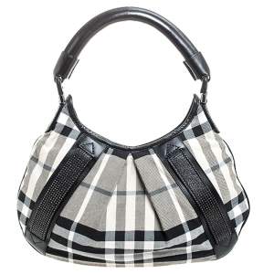 Pre Owned Burberry Black/White Studded House Check Canvas and Leather Phoebe Hobo