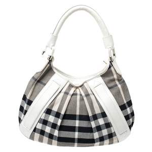 Pre Owned Burberry White/Grey House Check Canvas and Leather Phoebe Hobo