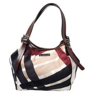 Pre Owned Burberry Dark Brown/Beige Nova Check Canvas and Leather Tote