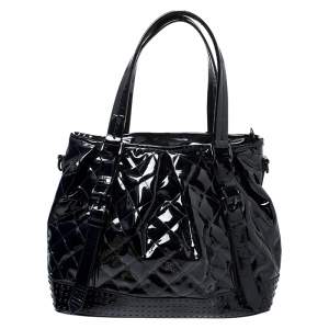 Pre Owned Burberry Black Quilted Patent Leather Studded Lowry Tote
