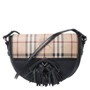 Pre Owned Burberry Black Haymarket Check Leather Maydown Crossbody Bag