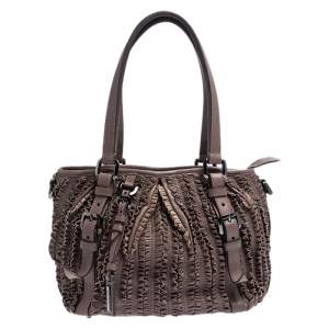 Pre Owned Burberry Old Rose Ruffled Leather Lowry Hobo