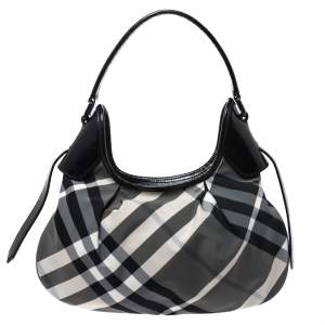 مملوكة مسبقًا Burberry Grey/Black Beat Check Nylon and Patent Leather Small Brooklyn Hobo