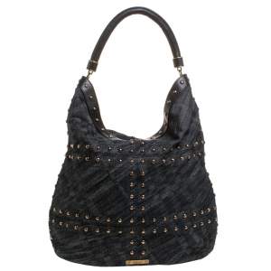 Pre Owned Burberry Black Denim and Leather Studded Large Hobo