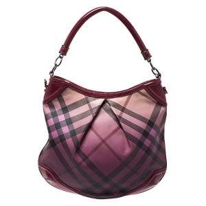 Pre Owned Burberry Raspberry Gradient Supernova Check Coated Canvas and Patent Leather Hobo