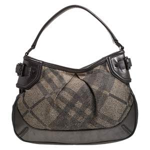 Pre Owned Burberry Metallic/Beige Beat Check Canvas and Leather Hobo