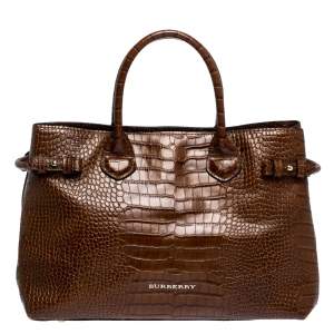 Pre Owned Burberry Brown Croc Embossed Leather and House Check Canvas Medium Banner Tote