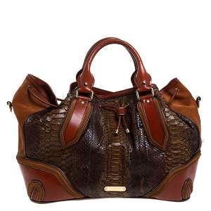 مملوكة مسبقًا Burberry Brown Python, Leather and Suede Drawstring Shoulder Bag