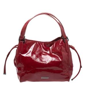 Pre Owned Burberry Red Patent Leather Medium Bilmore Tote