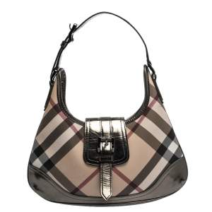 Pre Owned Burberry Metallic Grey Nova Check PVC and Leather Small Brooke Hobo