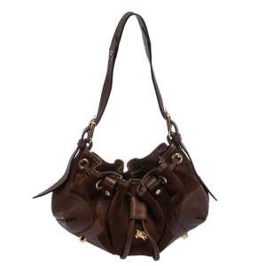 Pre Owned Burberry Brown Suede and Leather Drawstring Hobo