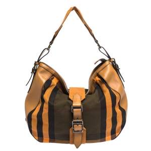 Pre Owned Burberry Brown/Orange Vinatge Check House Canvas and Leather Ashwood Hobo