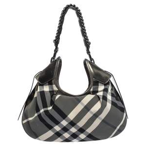 Pre Owned Burberry Grey/Metallic Beat Check Nylon and Patent Leather Small Brooklyn Hobo