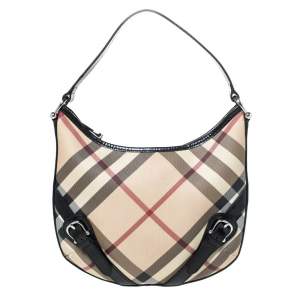 مملوكة مسبقًا Burberry Beige/Black Nova Check Coated Canvas and Patent Leather Barton Hobo