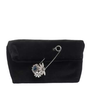 Pre Owned Burberry Black Velvet Crystal Embellished Pin Clutch