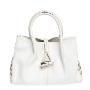 Pre Owned Burberry White Leather Shark Tooth Tote