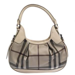 Pre Owned Burberry Grey House Check PVC and Leather Small Brooklyn Hobo