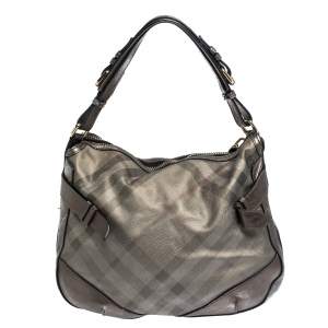 Pre Owned Burberry Grey Smoked Check PVC and Leather Hobo