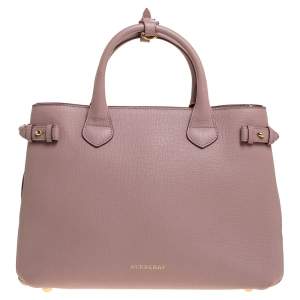 Pre Owned Burberry Pink Leather and House Check Fabric Medium Banner Tote